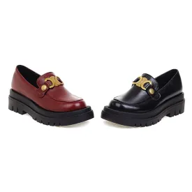 Women's Pu Leather Round Toe Metal Platform Block Heel Shoes