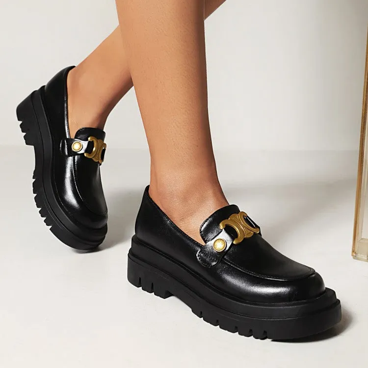 Women's Pu Leather Round Toe Metal Platform Block Heel Shoes