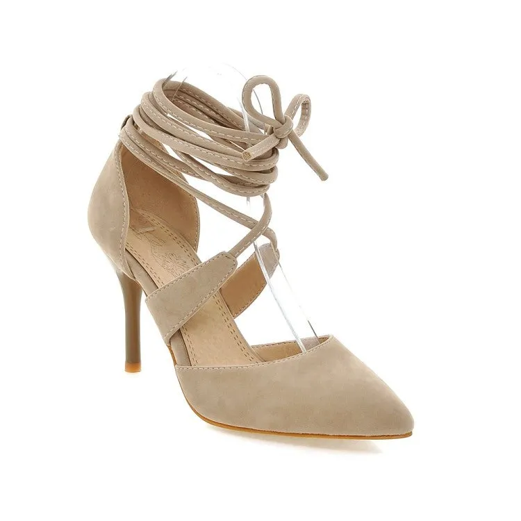 Women's Solid Color Suede Pointed Toe Cross Strap Stiletto High Heel Sandals