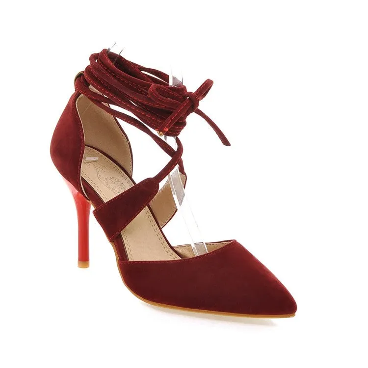 Women's Solid Color Suede Pointed Toe Cross Strap Stiletto High Heel Sandals