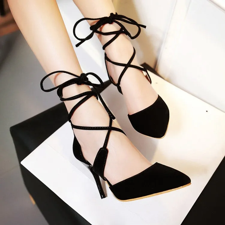 Women's Solid Color Suede Pointed Toe Cross Strap Stiletto High Heel Sandals