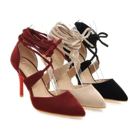 Women's Solid Color Suede Pointed Toe Cross Strap Stiletto High Heel Sandals