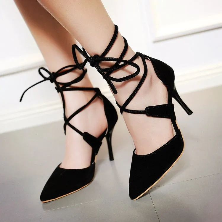 Women's Solid Color Suede Pointed Toe Cross Strap Stiletto High Heel Sandals