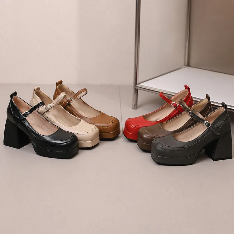 Women's Square Toe Block Heel Mary Janes Platform Pumps Shoes