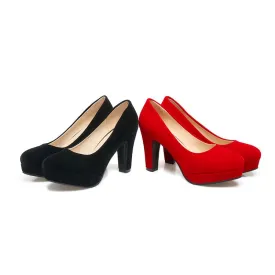 Women's  Suede Almond Toe Chunky Heel Platform Pumps