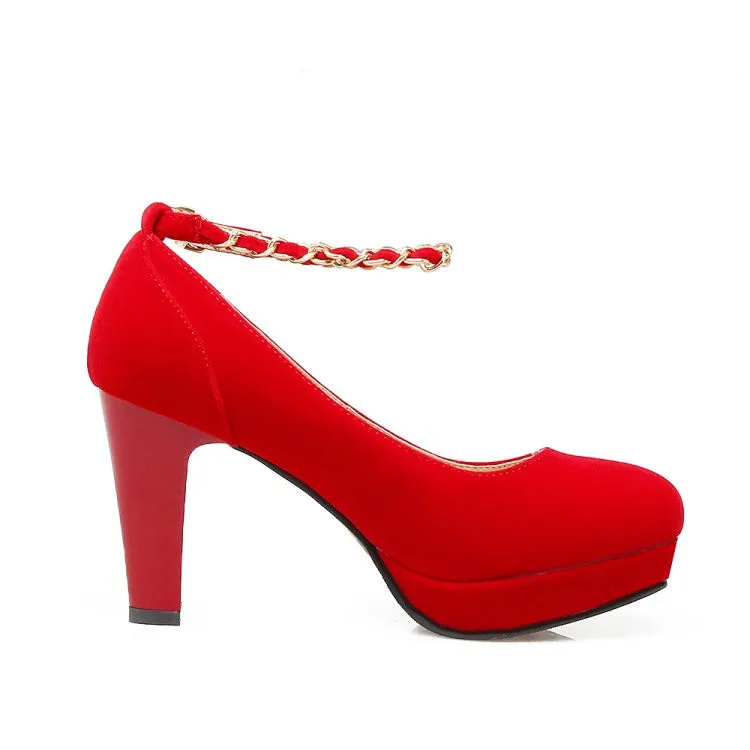 Women's  Suede Round Toe Metal Chains Chunky Heel Platform Pumps