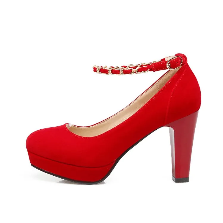 Women's  Suede Round Toe Metal Chains Chunky Heel Platform Pumps