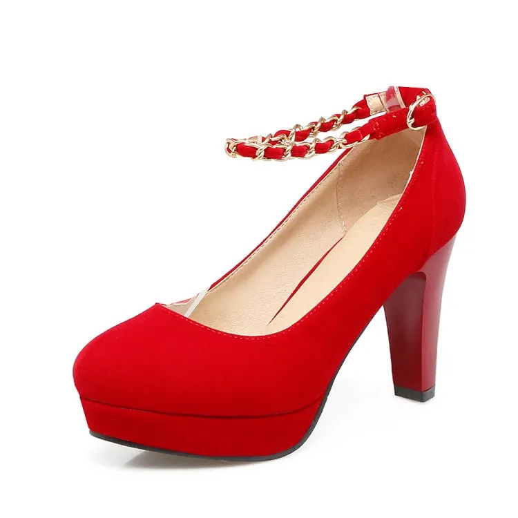 Women's  Suede Round Toe Metal Chains Chunky Heel Platform Pumps