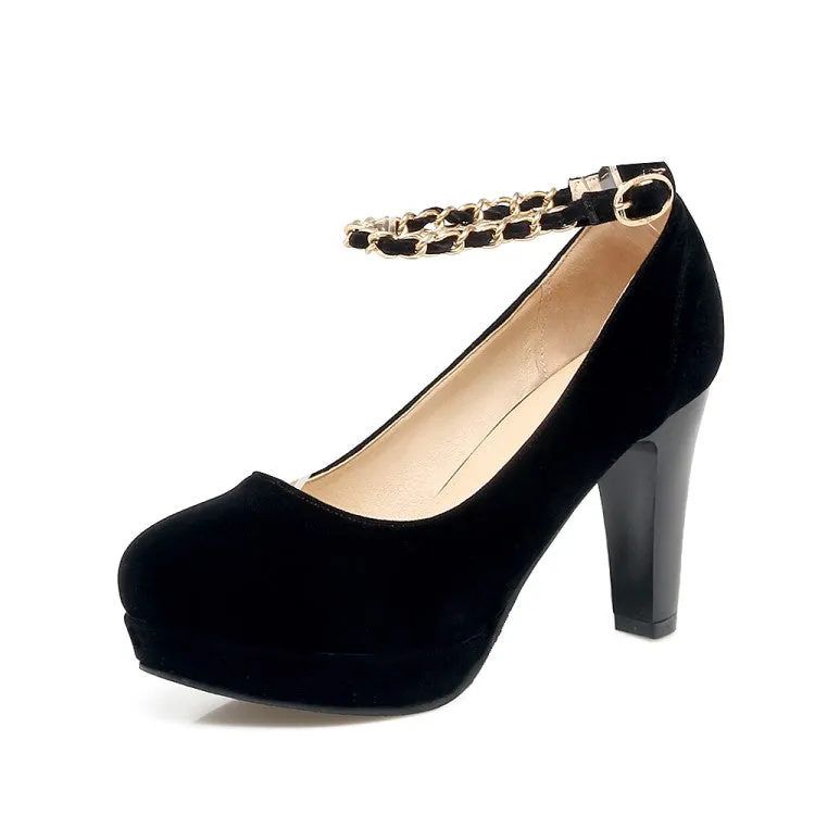 Women's  Suede Round Toe Metal Chains Chunky Heel Platform Pumps