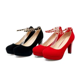 Women's  Suede Round Toe Metal Chains Chunky Heel Platform Pumps