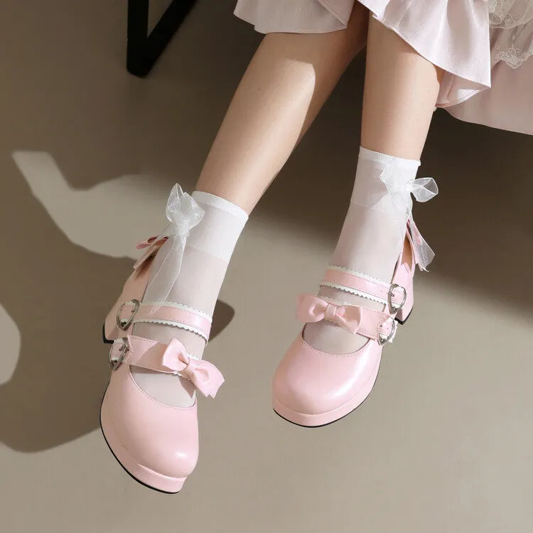 Women's Two Bow Chunky Heel Platform Pumps High Heels Mary Jane Lolita Shoes