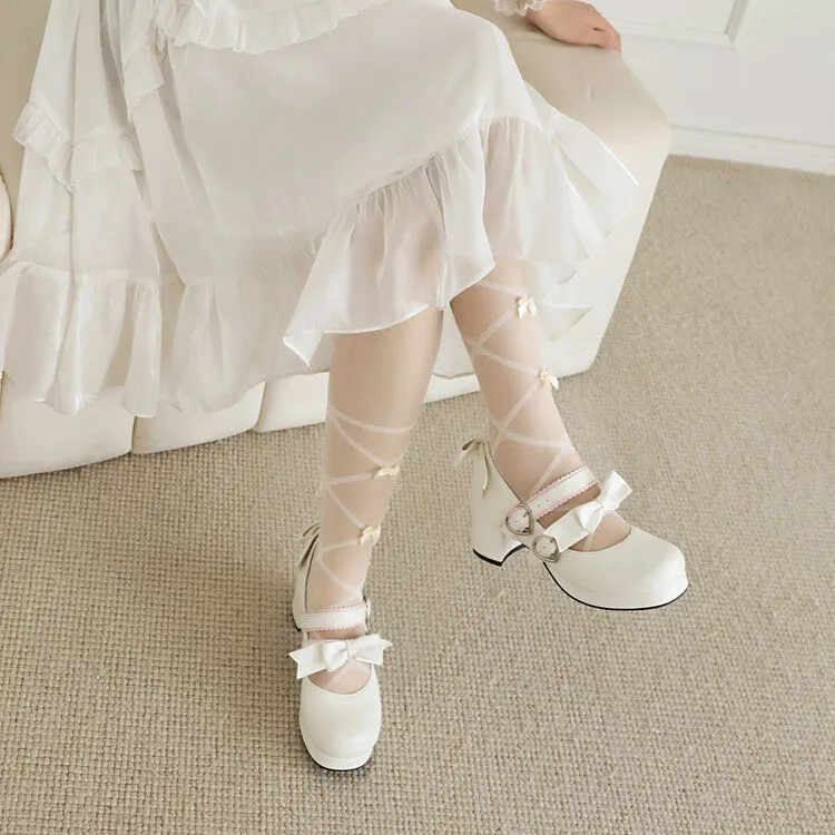 Women's Two Bow Chunky Heel Platform Pumps High Heels Mary Jane Lolita Shoes