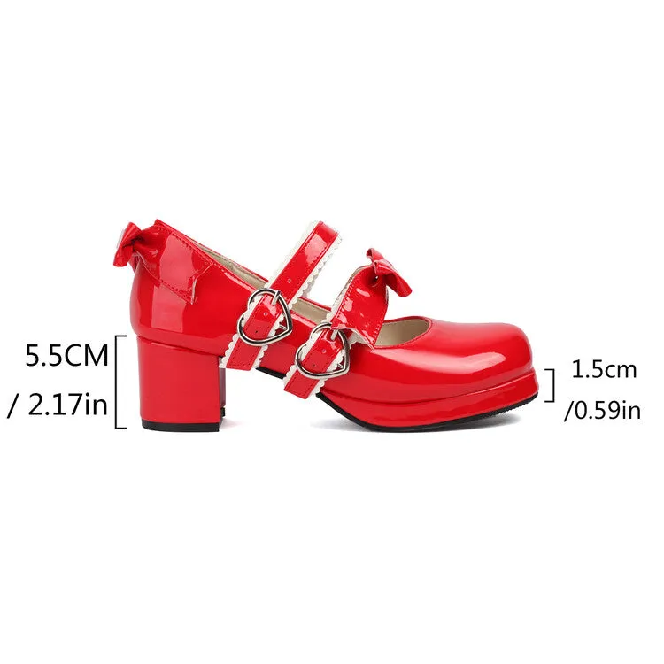 Women's Two Bow Chunky Heel Platform Pumps High Heels Mary Jane Lolita Shoes