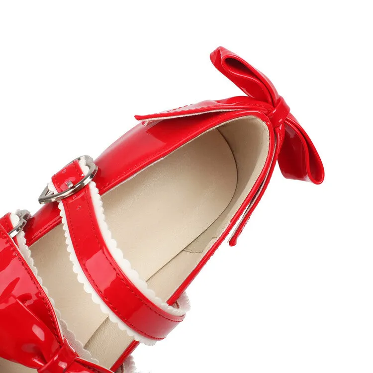 Women's Two Bow Chunky Heel Platform Pumps High Heels Mary Jane Lolita Shoes