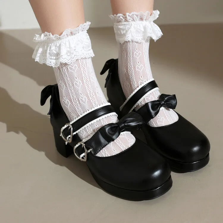 Women's Two Bow Chunky Heel Platform Pumps High Heels Mary Jane Lolita Shoes