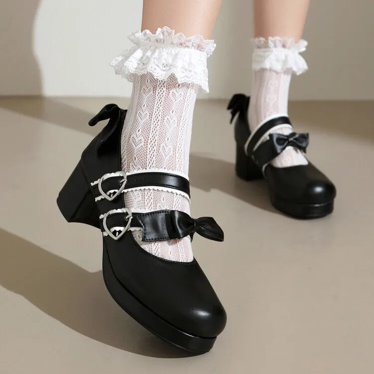 Women's Two Bow Chunky Heel Platform Pumps High Heels Mary Jane Lolita Shoes