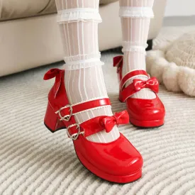 Women's Two Bow Chunky Heel Platform Pumps High Heels Mary Jane Lolita Shoes