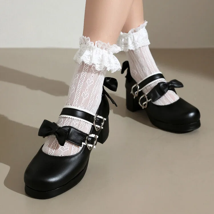 Women's Two Bow Chunky Heel Platform Pumps High Heels Mary Jane Lolita Shoes