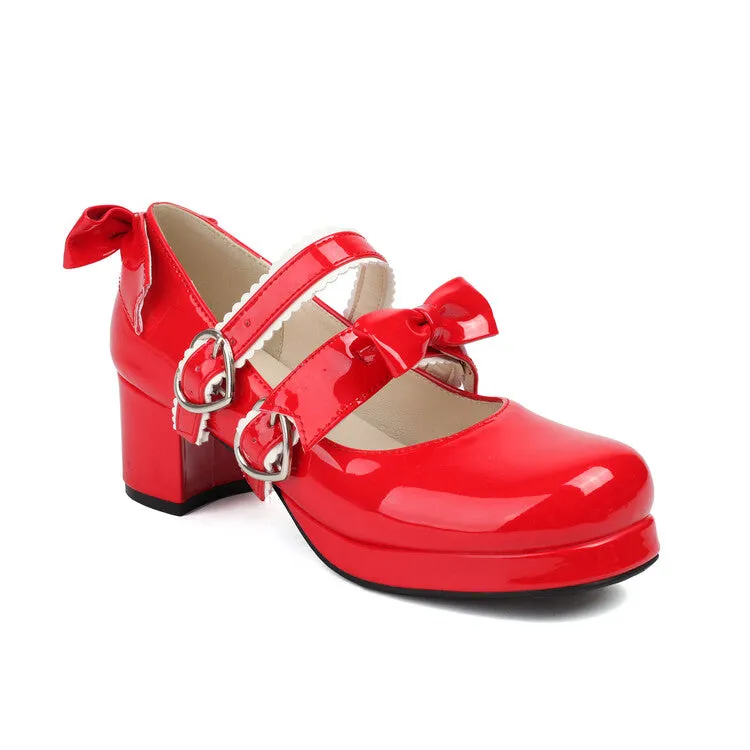 Women's Two Bow Chunky Heel Platform Pumps High Heels Mary Jane Lolita Shoes