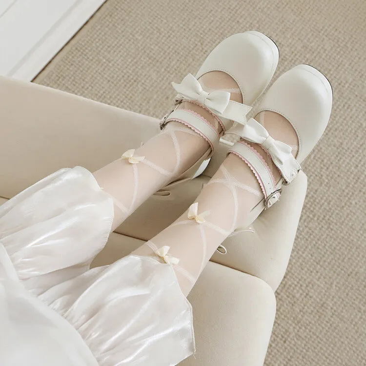 Women's Two Bow Chunky Heel Platform Pumps High Heels Mary Jane Lolita Shoes
