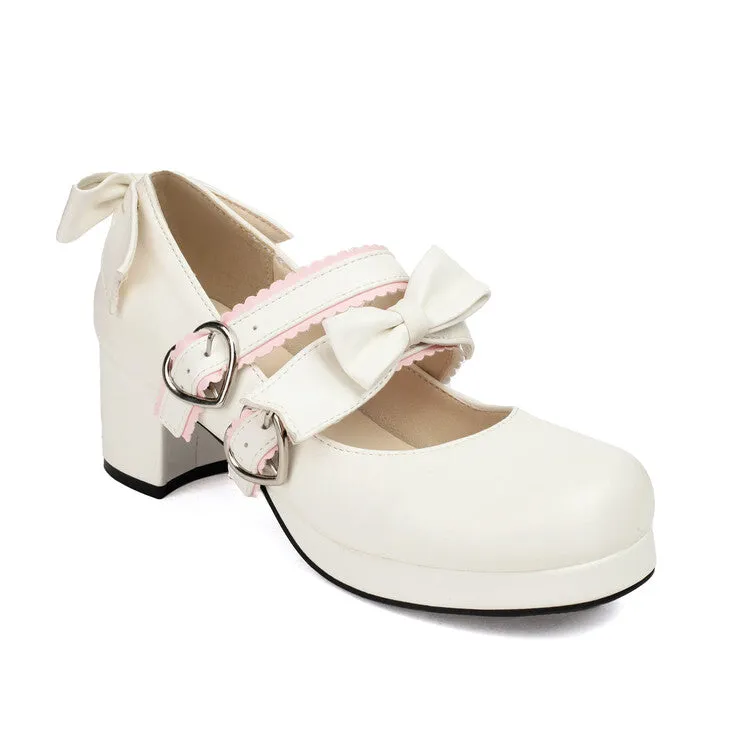 Women's Two Bow Chunky Heel Platform Pumps High Heels Mary Jane Lolita Shoes
