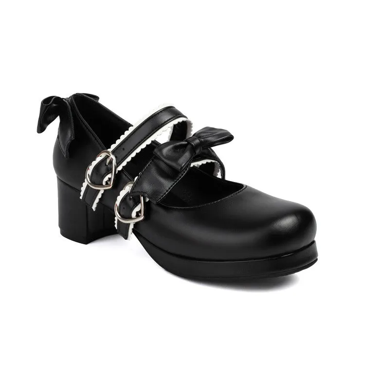 Women's Two Bow Chunky Heel Platform Pumps High Heels Mary Jane Lolita Shoes