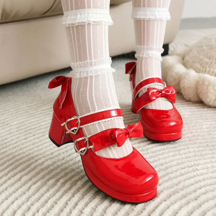 Women's Two Bow Chunky Heel Platform Pumps High Heels Mary Jane Lolita Shoes