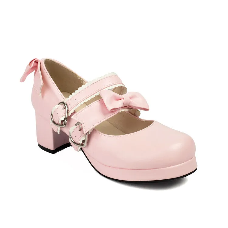 Women's Two Bow Chunky Heel Platform Pumps High Heels Mary Jane Lolita Shoes