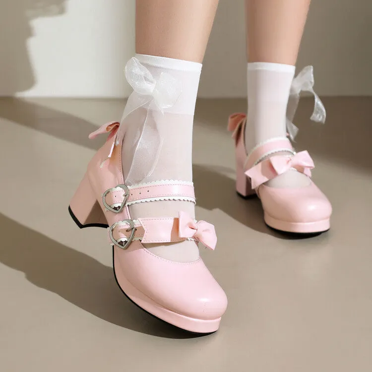 Women's Two Bow Chunky Heel Platform Pumps High Heels Mary Jane Lolita Shoes