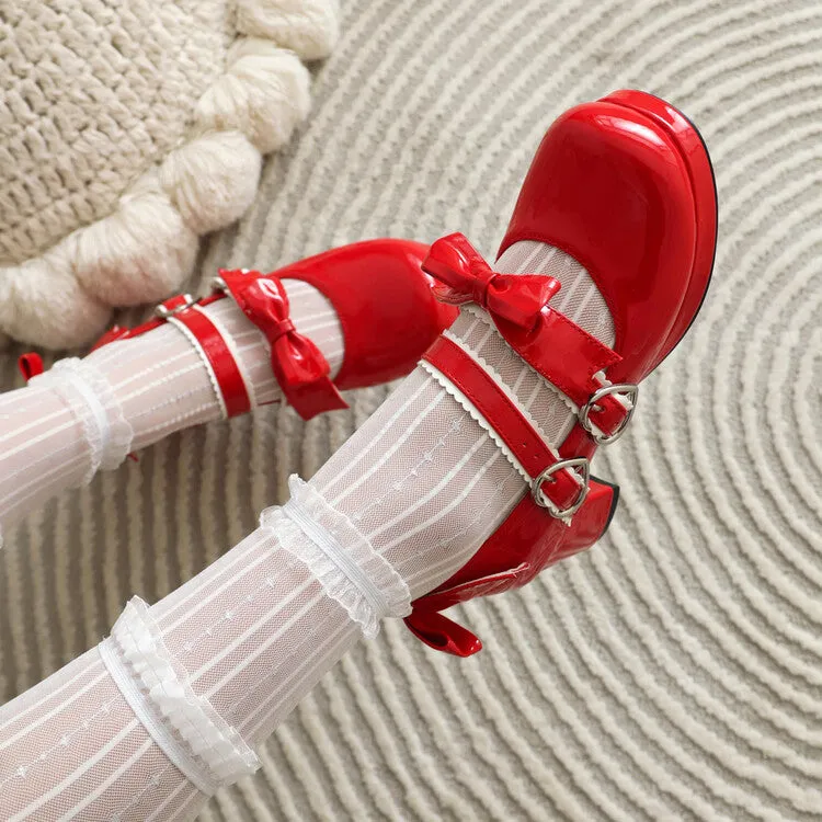 Women's Two Bow Chunky Heel Platform Pumps High Heels Mary Jane Lolita Shoes