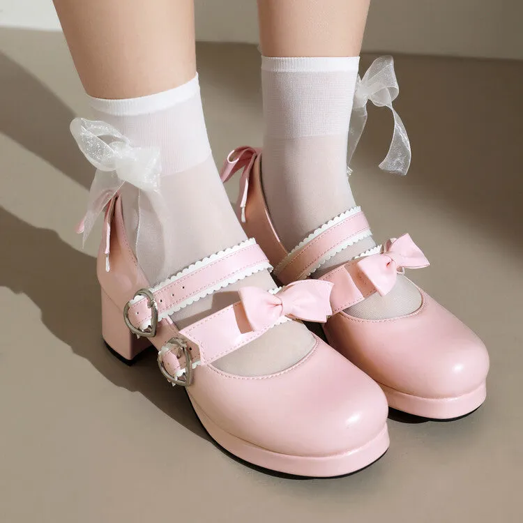 Women's Two Bow Chunky Heel Platform Pumps High Heels Mary Jane Lolita Shoes
