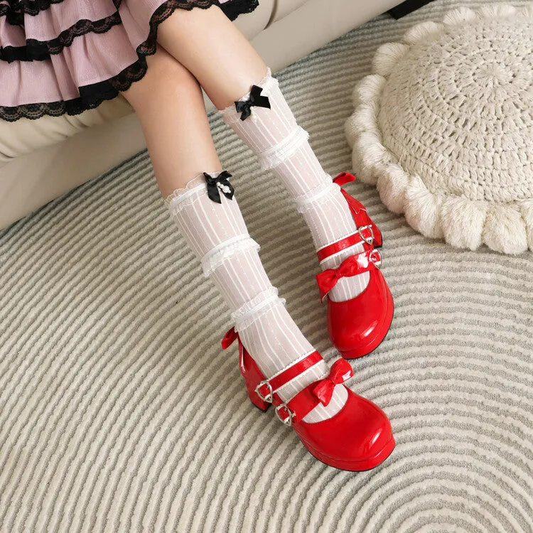 Women's Two Bow Chunky Heel Platform Pumps High Heels Mary Jane Lolita Shoes