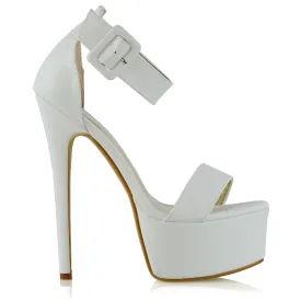 Yasmine Platform Ankle Strap Stiletto High Heel Sandals in White Synthetic Leather