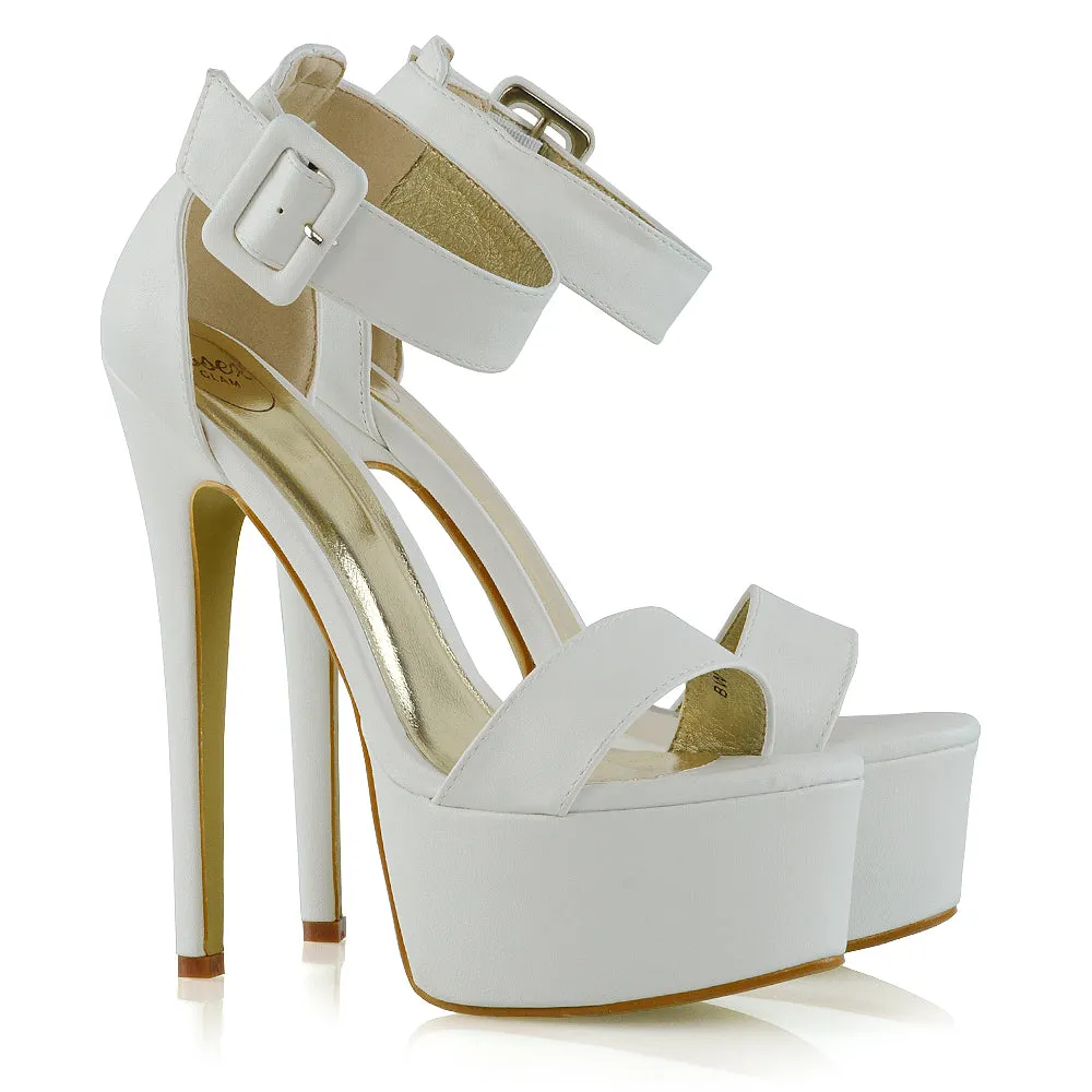Yasmine Platform Ankle Strap Stiletto High Heel Sandals in White Synthetic Leather