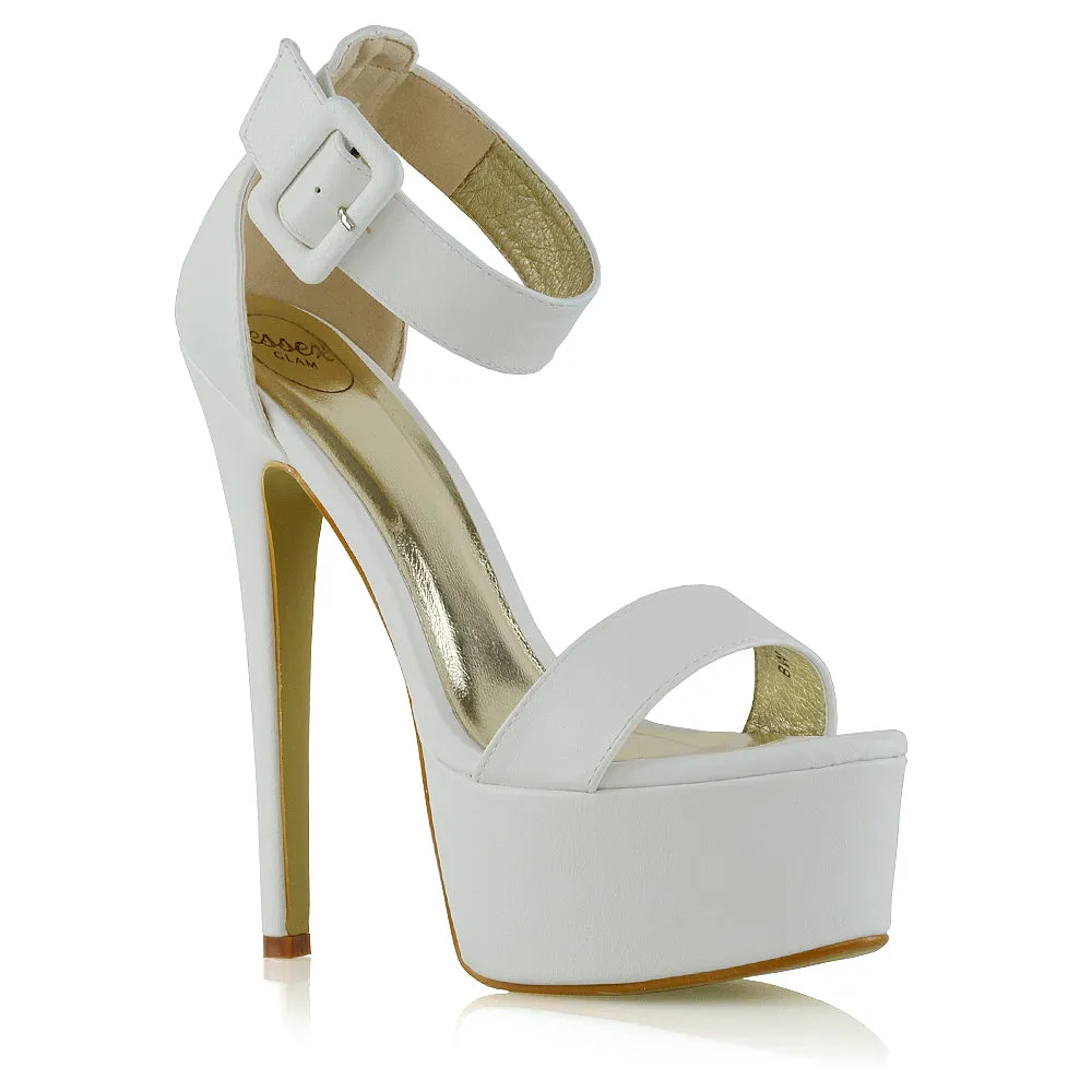 Yasmine Platform Ankle Strap Stiletto High Heel Sandals in White Synthetic Leather